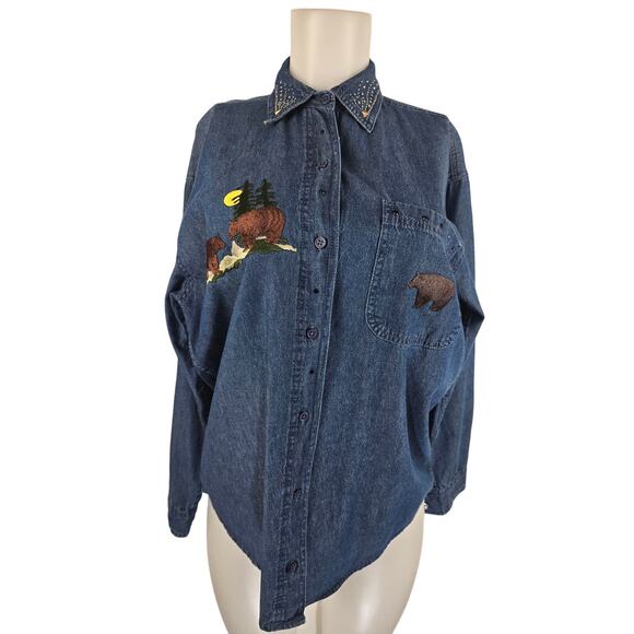 LAS Olas Denim Button Up Embroidered Patches Bears Women's Blouse M - Picture 1 of 6